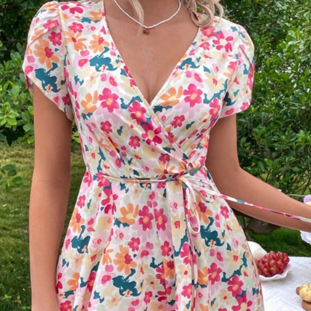 SHEIN Boho Vibrant Bright Floral Tie Waist Playsuit Romper Size 2